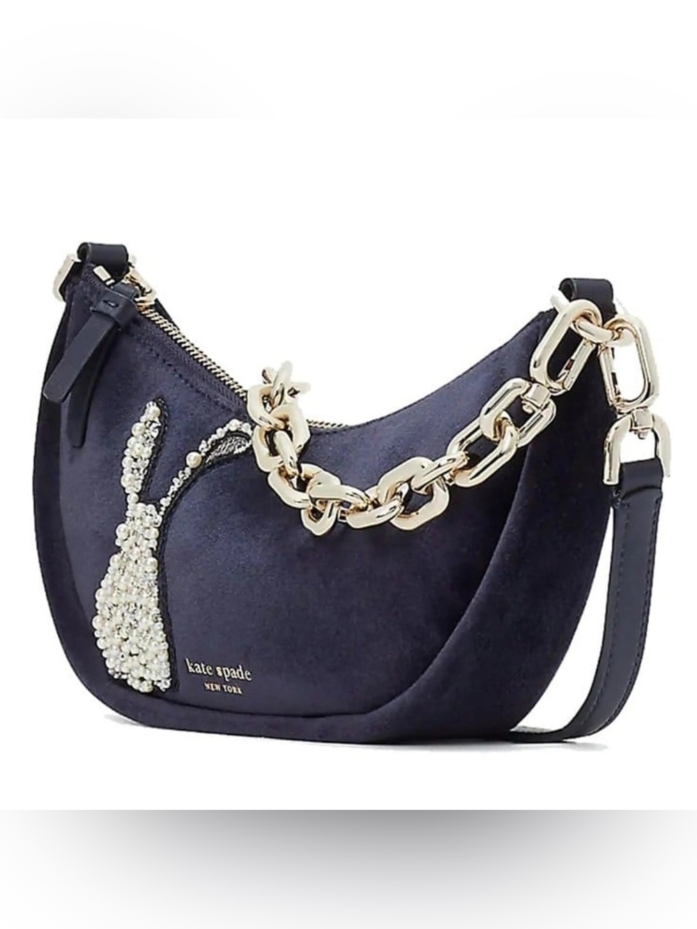 kate spade Navy Suede Shoulder Bag with Pearl Bunny Accent